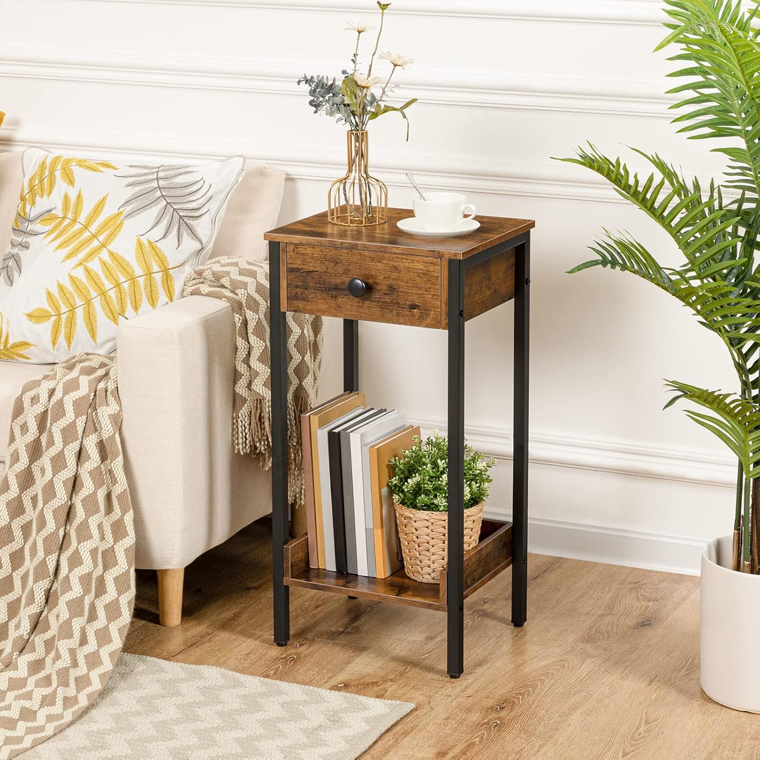 HOOBRO Tall End Table, Nightstand, Industrial Side Table with Drawer and Storage Shelf, for Study, Bedroom, Space Saving, Rustic Brown and Black BF71BZ01