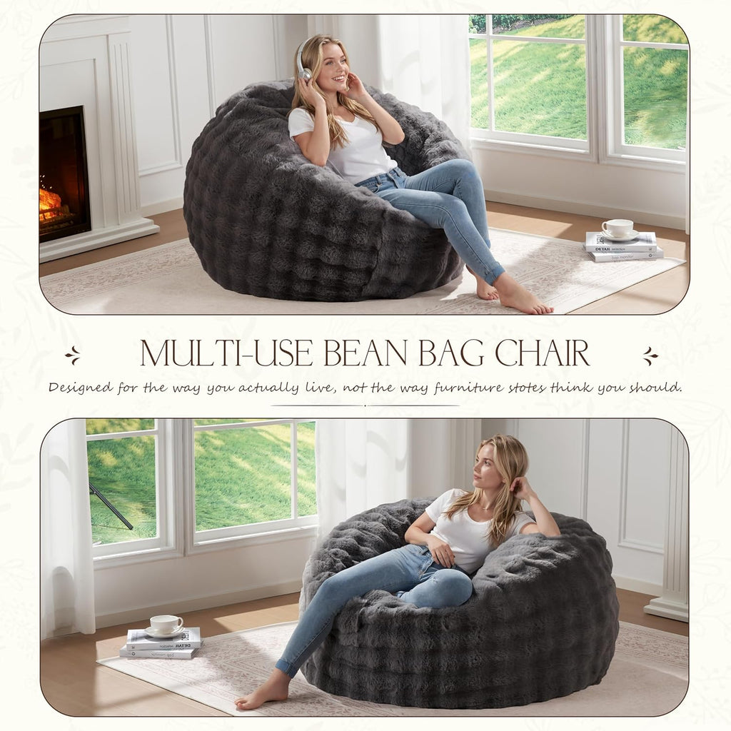 ZurNesfure Bean Bag Chair 3FT Plush Lounger Beanbag with Filler No Assembly Giant Bean Bag with Handle Side Pocket&Machine Washable Cover Large Bean Bag Chair for Adults Home Dorm (Darkgrey, Medium)