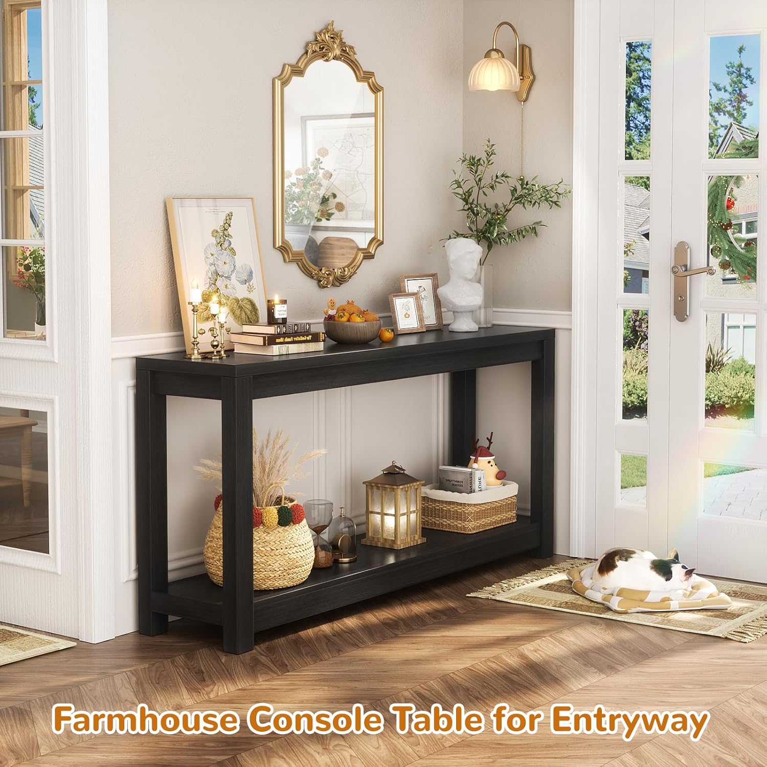 Besiost 47" Farmhouse Wood Entryway Table Narrow Console Table with Storage Behind Couch Sofa Table with Shelves for Entry Way with Open Storage, Easy Assembly, Embossed Wood Grain Black