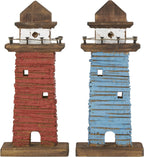 Deco 79 Wood Light House Decorative Sculpture Distressed Home Decor Statues with Blue and Brown Accents, Set of 2 Accent Figurines 5" W, 10" H, Red