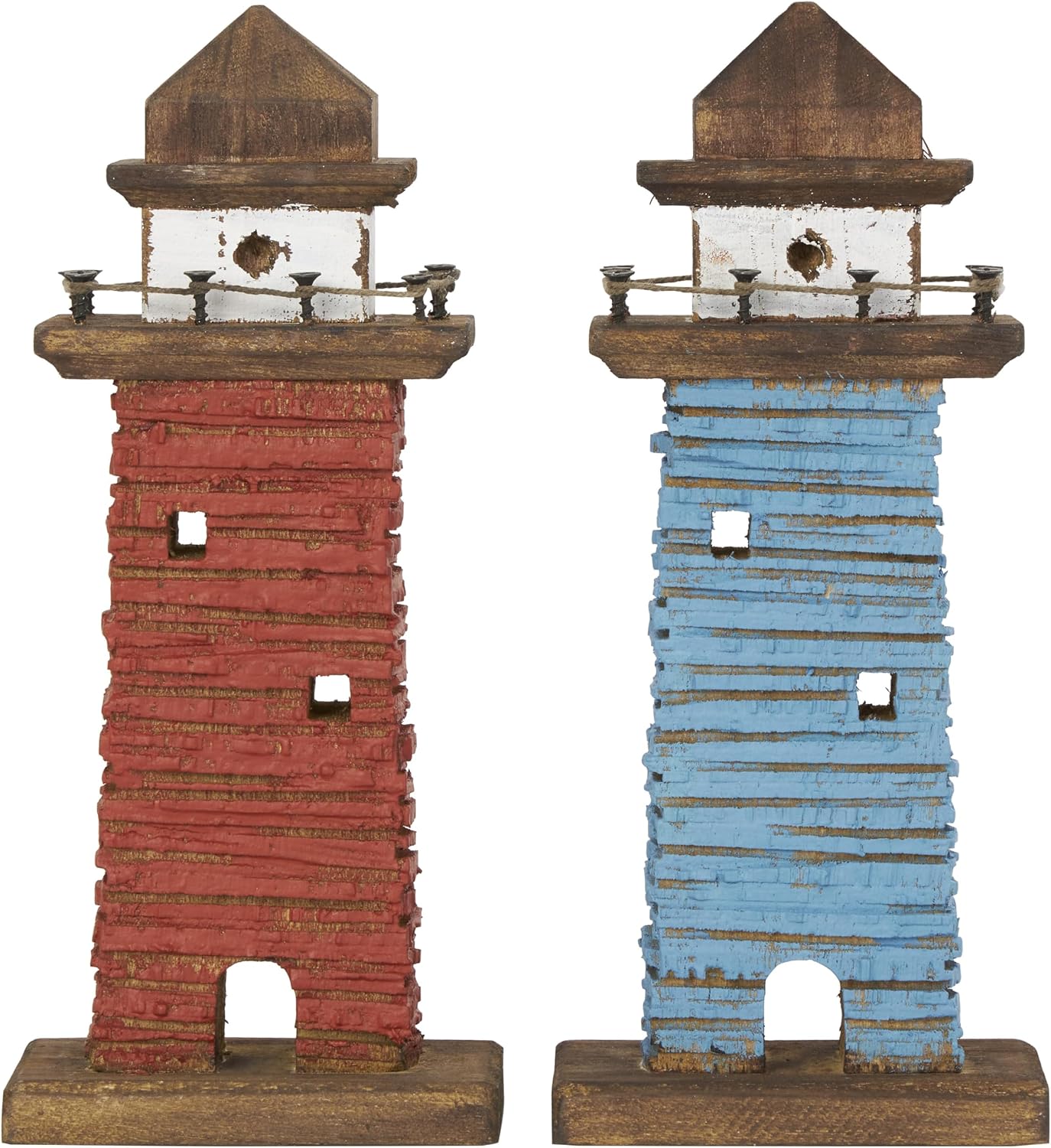 Deco 79 Wood Light House Decorative Sculpture Distressed Home Decor Statues with Blue and Brown Accents, Set of 2 Accent Figurines 5" W, 10" H, Red