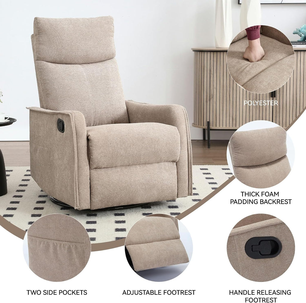 Rocker Recliner Chair for Adults, Swivel Rocker Recliner with Massage and Heat, Adjustable Glider Recliner Nursery Chair with Black Metal Base, Small Recliners for Small Spaces, Living Room (Khaki)