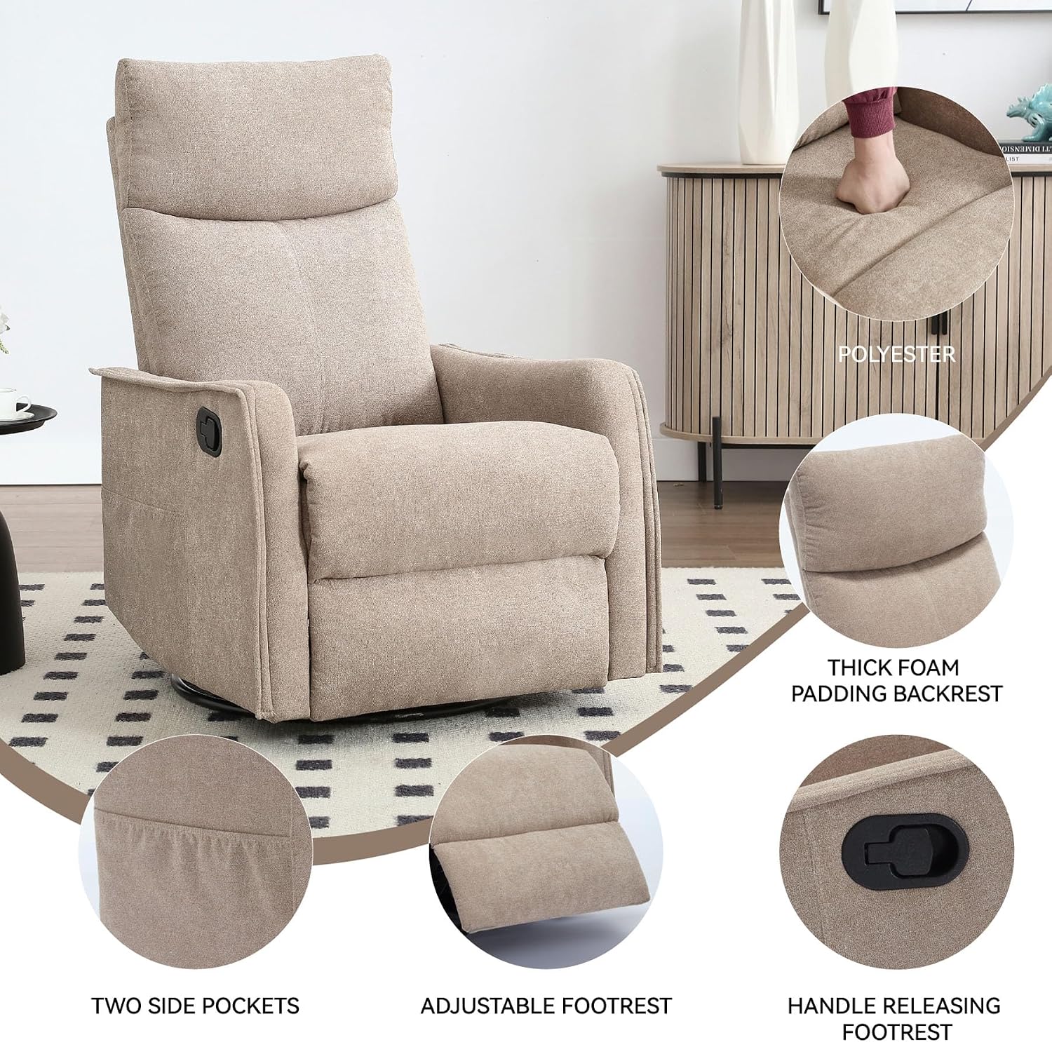 Rocker Recliner Chair for Adults, Swivel Rocker Recliner with Massage and Heat, Adjustable Glider Recliner Nursery Chair with Black Metal Base, Small Recliners for Small Spaces, Living Room (Khaki)