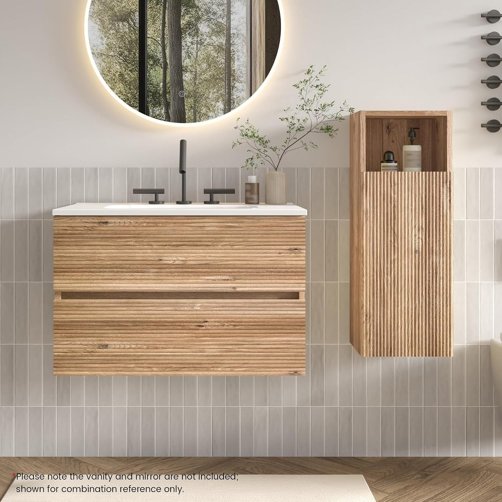 12" Floating Bathroom Storage Cabinet, Modern Bathroom Wall Cabinets with Soft-Closing Door & Open Shelf, Bathroom Side Cabinet for Small Spaces, Apartment, Rough Oak