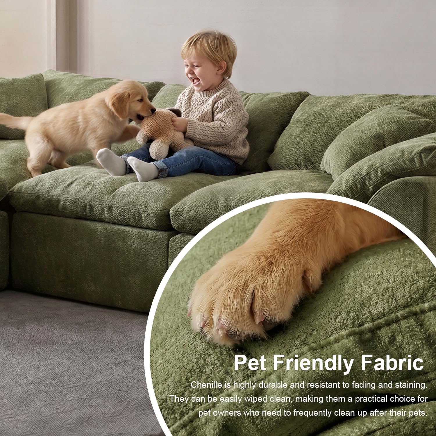 Oversized Cloud Couch Sectional Sofa for Living Room, Modular L Shaped Boneless Chenille Sofa with Chaise Lounge, Deep Seat Convertible Couch, Compressed No Assembly Floor Sofa(Green)