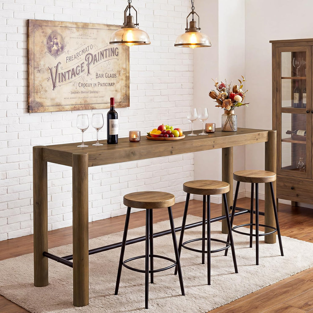 59-Inch Bar Table, Solid Wood Counter Height Dining Table with Metal Footrest, Modern Rustic Home Bar Unit for Kitchen, Living Room & Dining Room, Brown