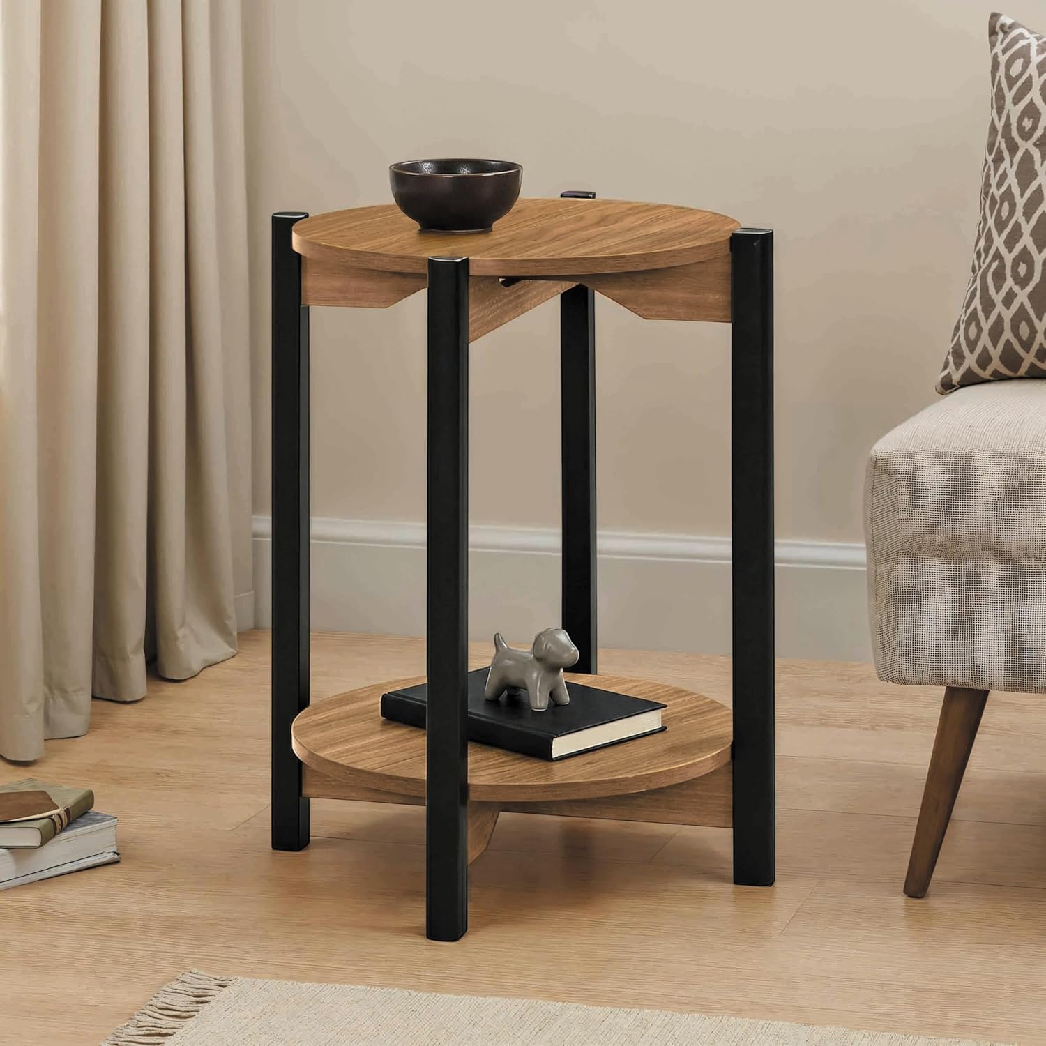Furniture of America Hoska Modern Wood 18-inch Round End Table with Open Bottom Shelf and Metal Legs for Living Room, Walnut