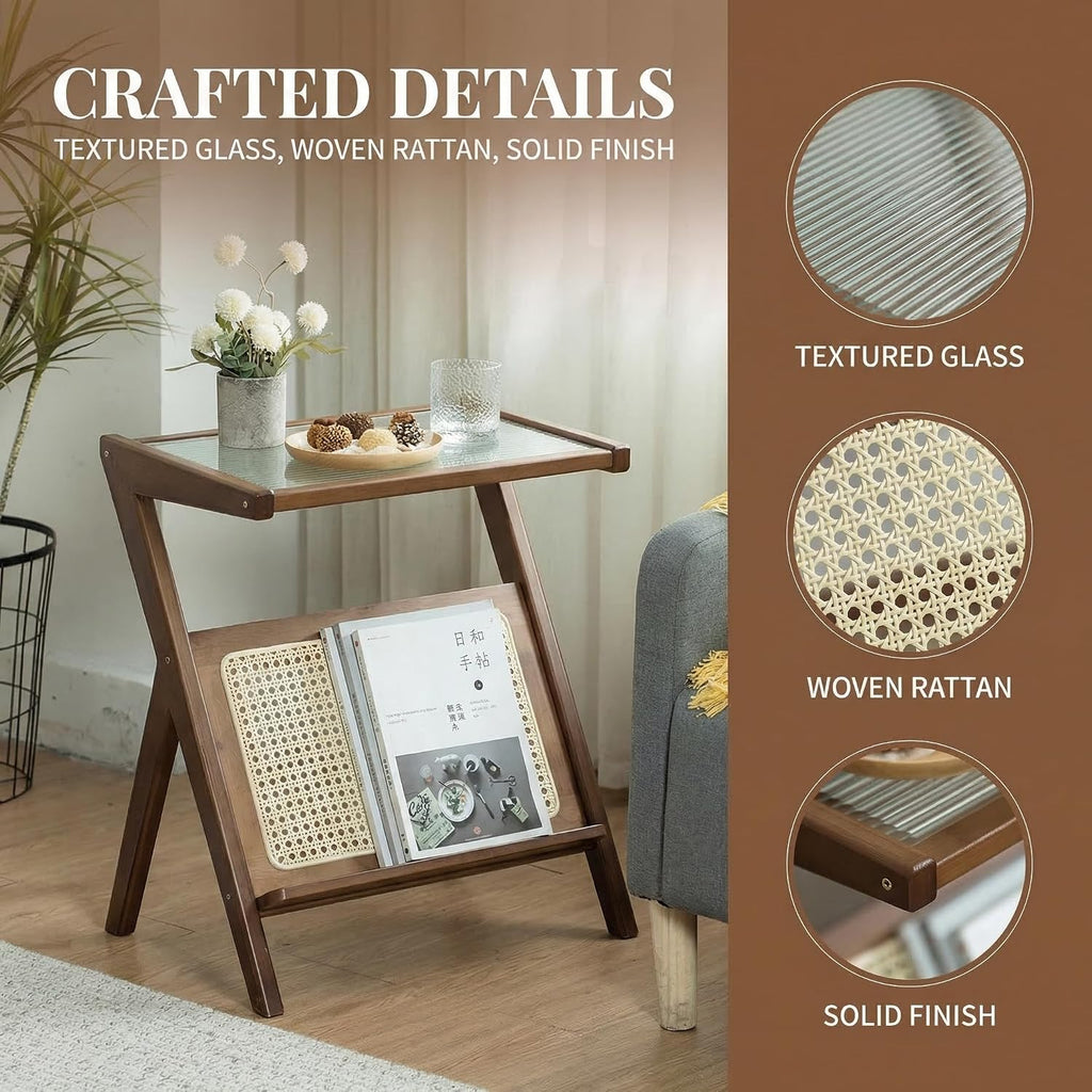 Boho Rattan Side Table, Wooden Accent Table with Magazine Storage Shelf, Mid Century Modern End Table for Living Room Bedroom