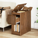 Narrow Side Table with Charging Station, End Table with Storage, Drawer and Wheels, Flip Top Small Modern Nightstand with USB Ports and Outlets for Living Room, Bedroom, Office (Walnut)