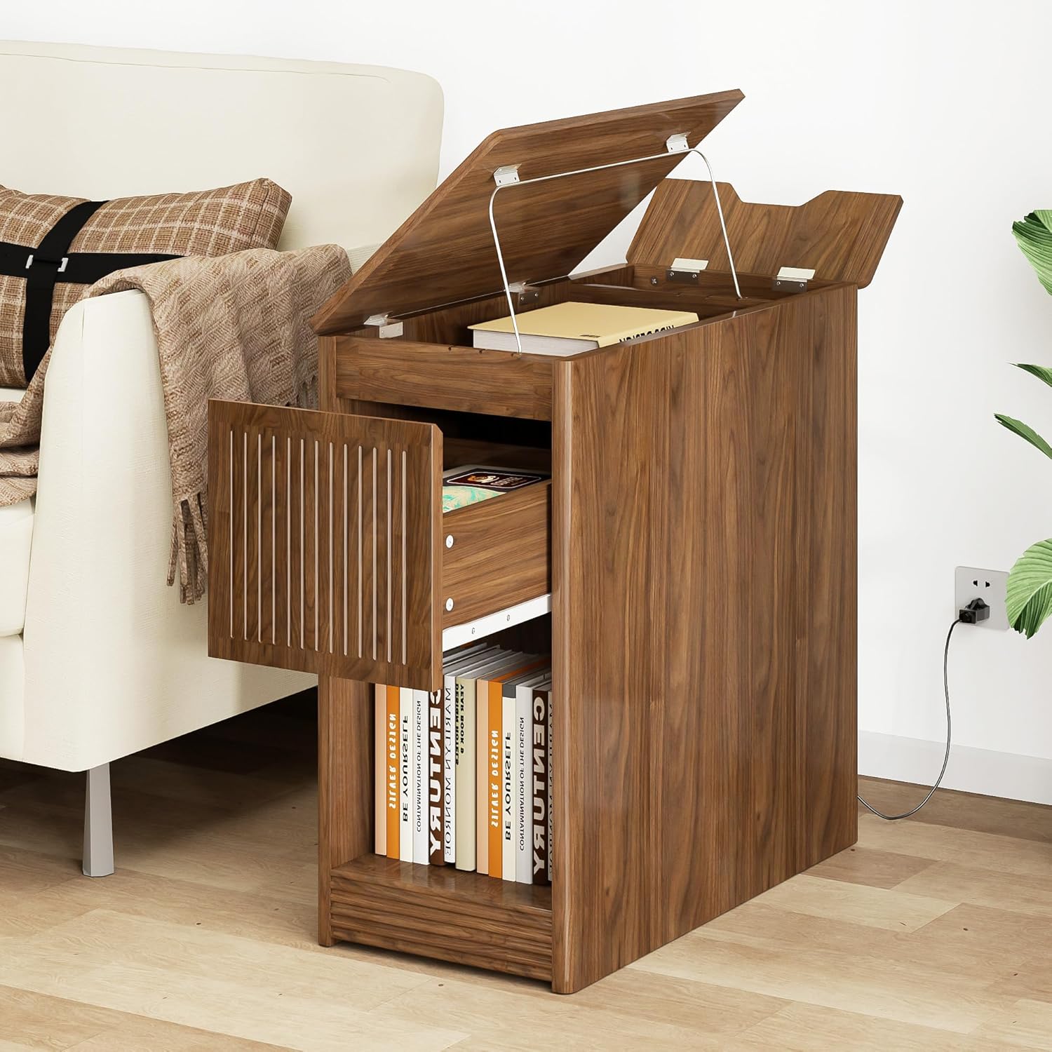 Narrow Side Table with Charging Station, End Table with Storage, Drawer and Wheels, Flip Top Small Modern Nightstand with USB Ports and Outlets for Living Room, Bedroom, Office (Walnut)