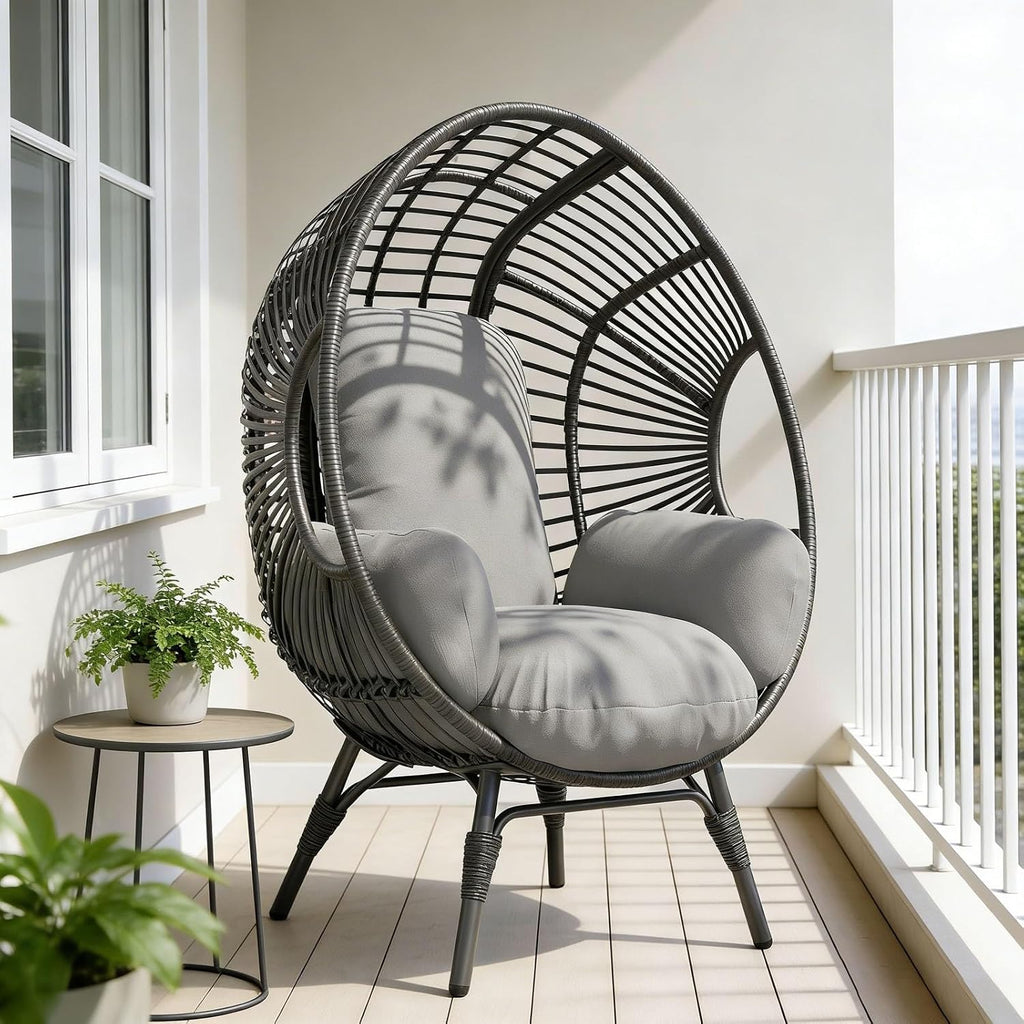 Wicker Chair Egg Style, Indoor Outdoor, 400lbs Capacity, 8-Inch Plush Cushion Balcony Chairs(Black+Gray)