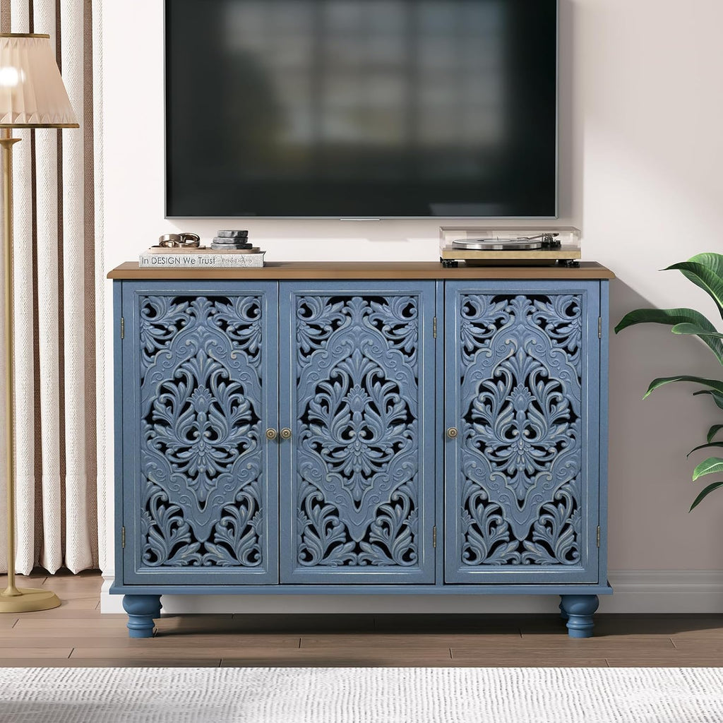 Jiansu furni Sideboard Buffet Cabinet with Storage, Accent Cabinet with 3 Doors and Adjustable Shelves,Buffet Table with Solid Wood Legs for Kitchen, Living Room, Hallway(Blue & Walnut)