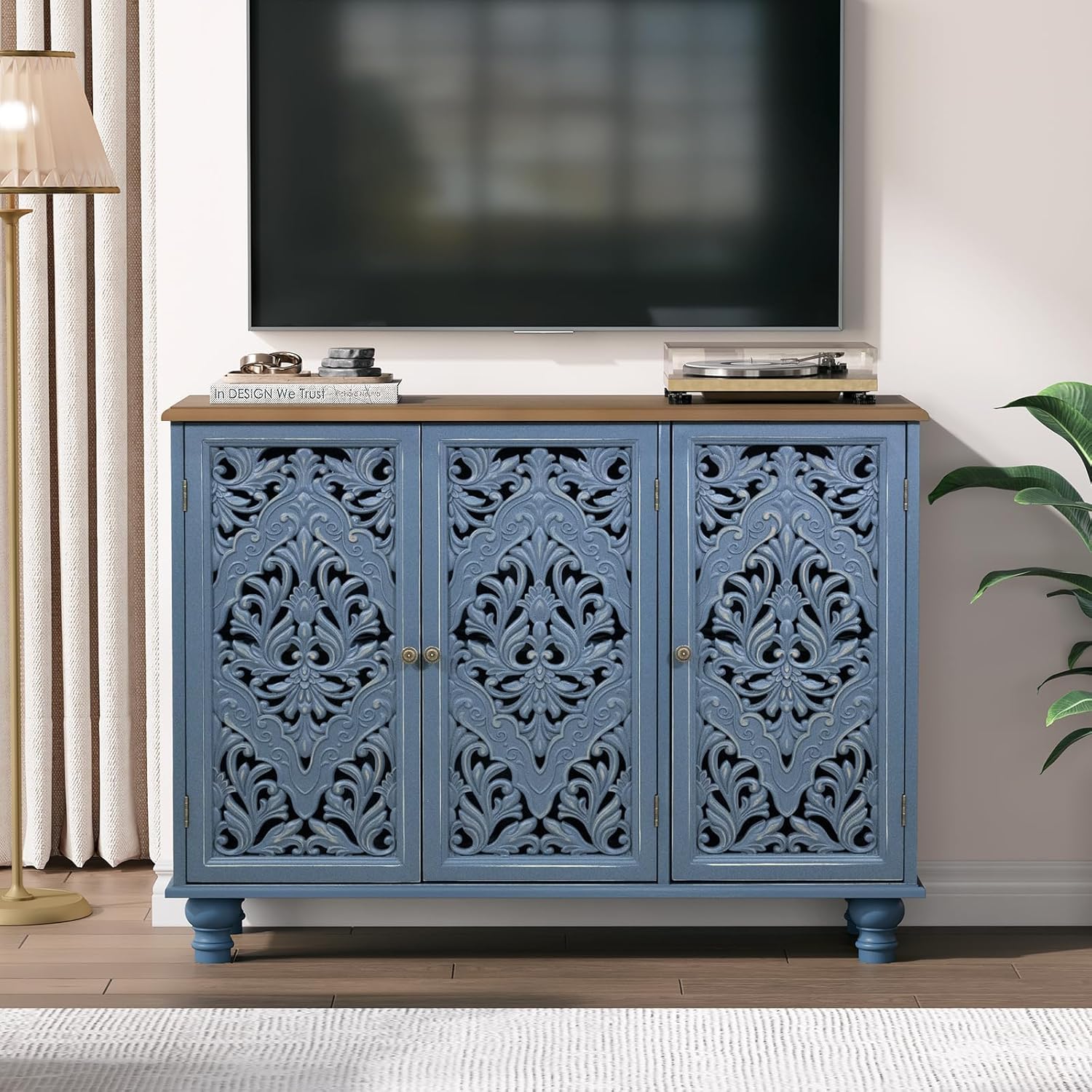 Jiansu furni Sideboard Buffet Cabinet with Storage, Accent Cabinet with 3 Doors and Adjustable Shelves,Buffet Table with Solid Wood Legs for Kitchen, Living Room, Hallway(Blue & Walnut)