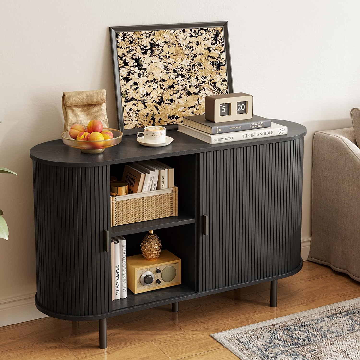ONBRILL 48" Sideboard Buffet Cabinet with Storage, Storage Cabinet with Sliding Door & Adjustable Shelf, Modern Accent Coffee Bar Console Table for Kitchen, Entryway, Black