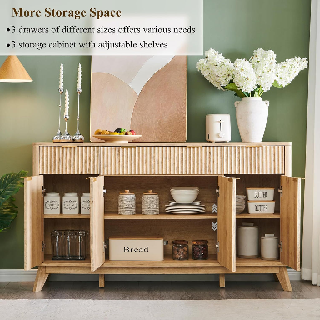 T4TREAM Large Buffet Sideboard Cabinet with Storages, 60" Fluted Modern Buffet Table Coffee Bar Wine Bar Storage Cabinet with 3 Drawers & 4 Doors for Dining Room, Living Room, Hallway(Natural Oak)
