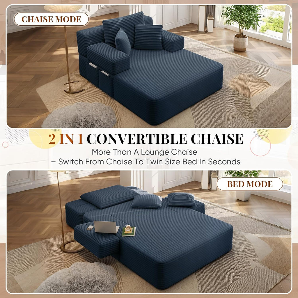 Boneless Chaise Lounge Chair Indoor, 60" Oversized Sleeper Couches W/Foldable Armrest Cloud Corduroy Upholstered Reading Chairs Floor Sofa Bed for Living Room No Assembly, Blue