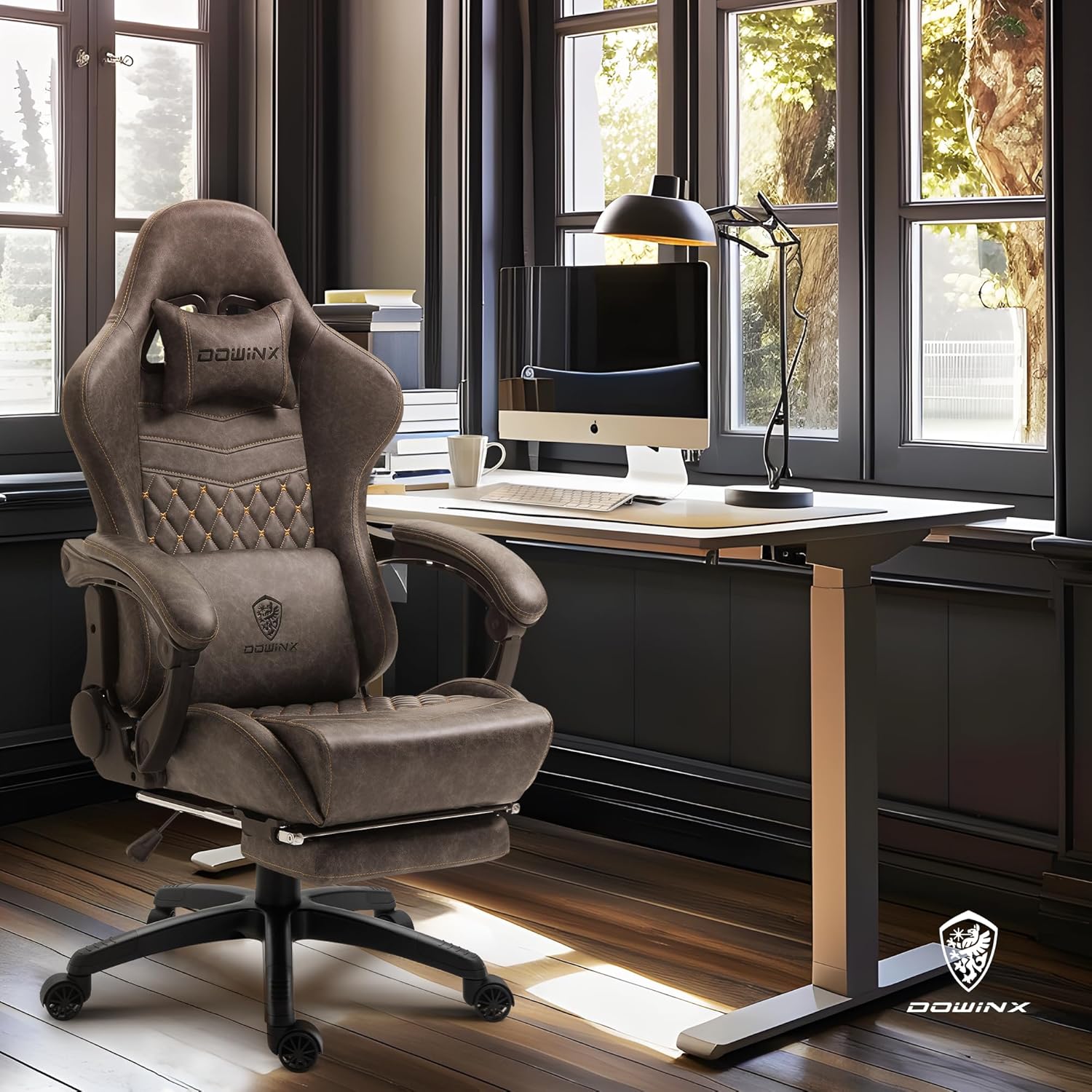 Dowinx Gaming Chair Office Chair PC Chair with Massage Lumbar Support, Vintage Style PU Leather High Back Adjustable Swivel Task Chair with Footrest (Brown)