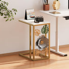 Antique C-Shape End Table with Faux Marble Top and Metal Flower Design, Narrow Gold Couch Side Table for Drink and Snack, Bedside Table, Laptop Table for Living Room, Bedroom