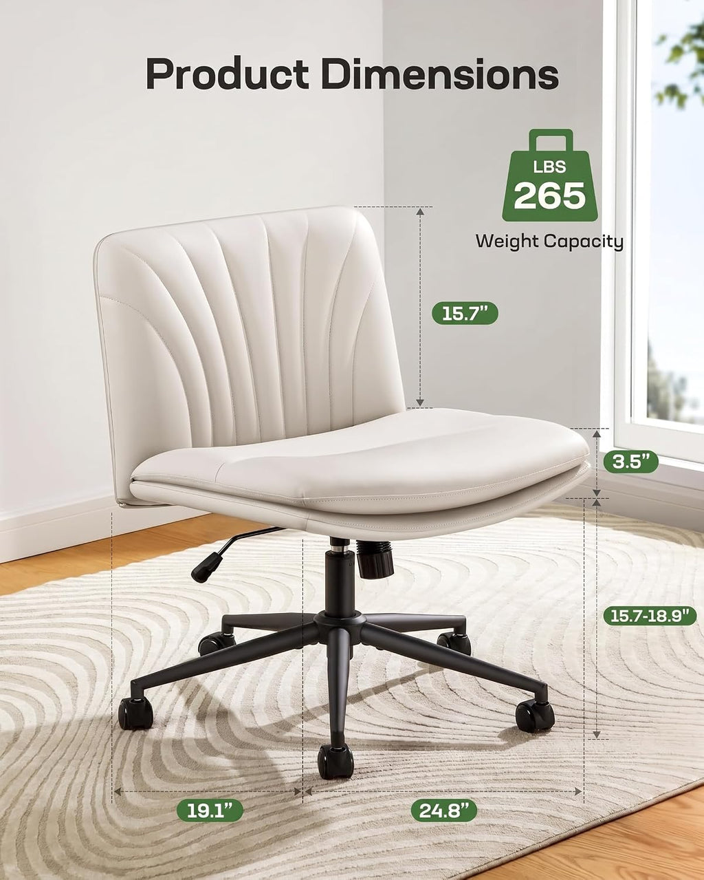 Marsail Armless-Office Desk Chair with Wheels: PU Leather Cross Legged Wide Chair,Comfortable Adjustable Swivel Task Chairs for Home,Office,Make Up,Small Space,Bed Room(Light Beige)