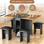 furlinkhm Folding Dining Table Set for 4, Dinner Table with 4 Leather Chairs and Shelves, Space Saving Foldable Dining Table with 6 Wheels, Kitchen Table for Small Spaces, Walnut