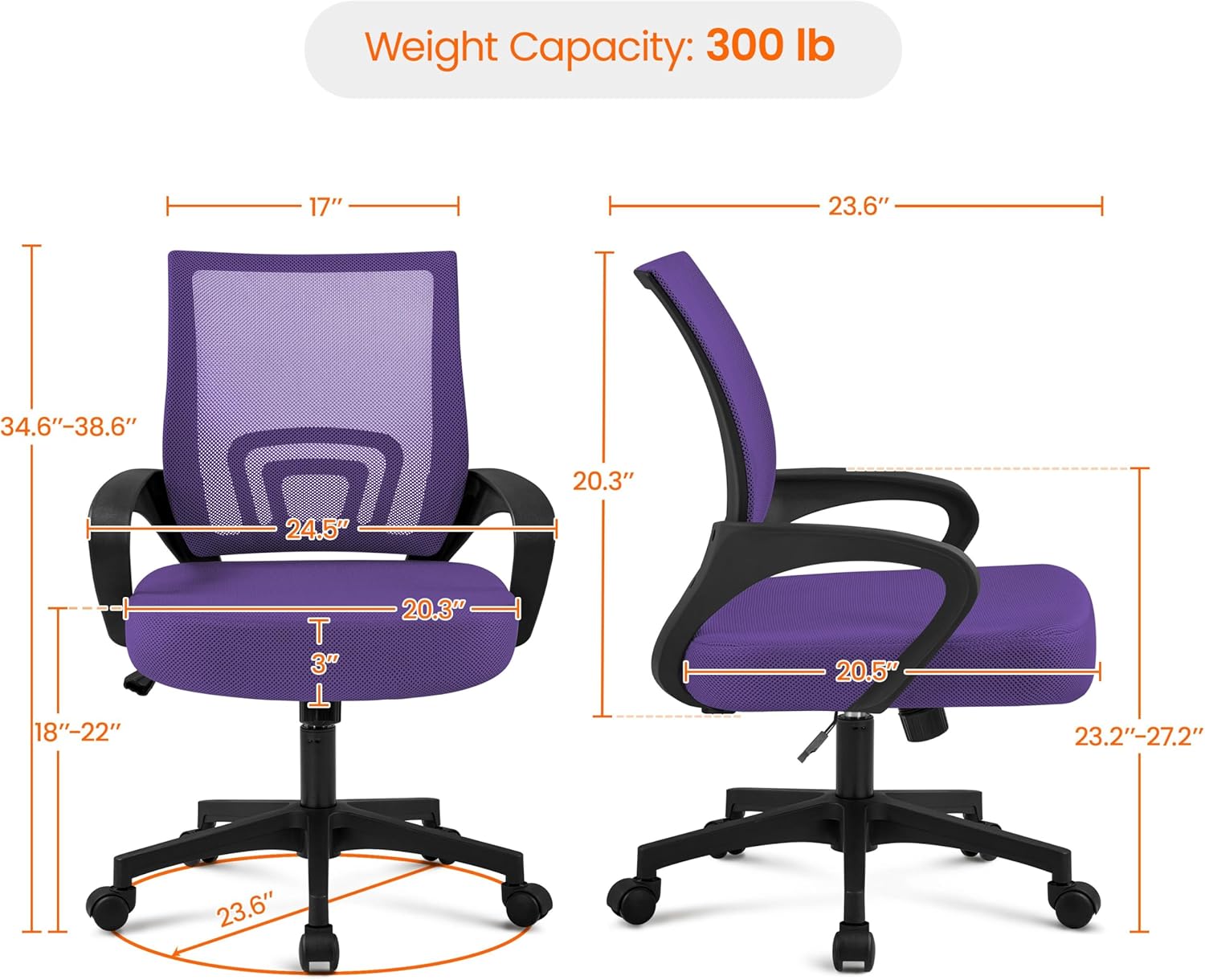 Topeakmart Executive Office Desk Chair Ergonomic Mesh Back Office Chair Adjustable Work Chair with Lumbar Support and Swivel Rolling Wheels for Home Office Conferecne Roon and Study, Purple
