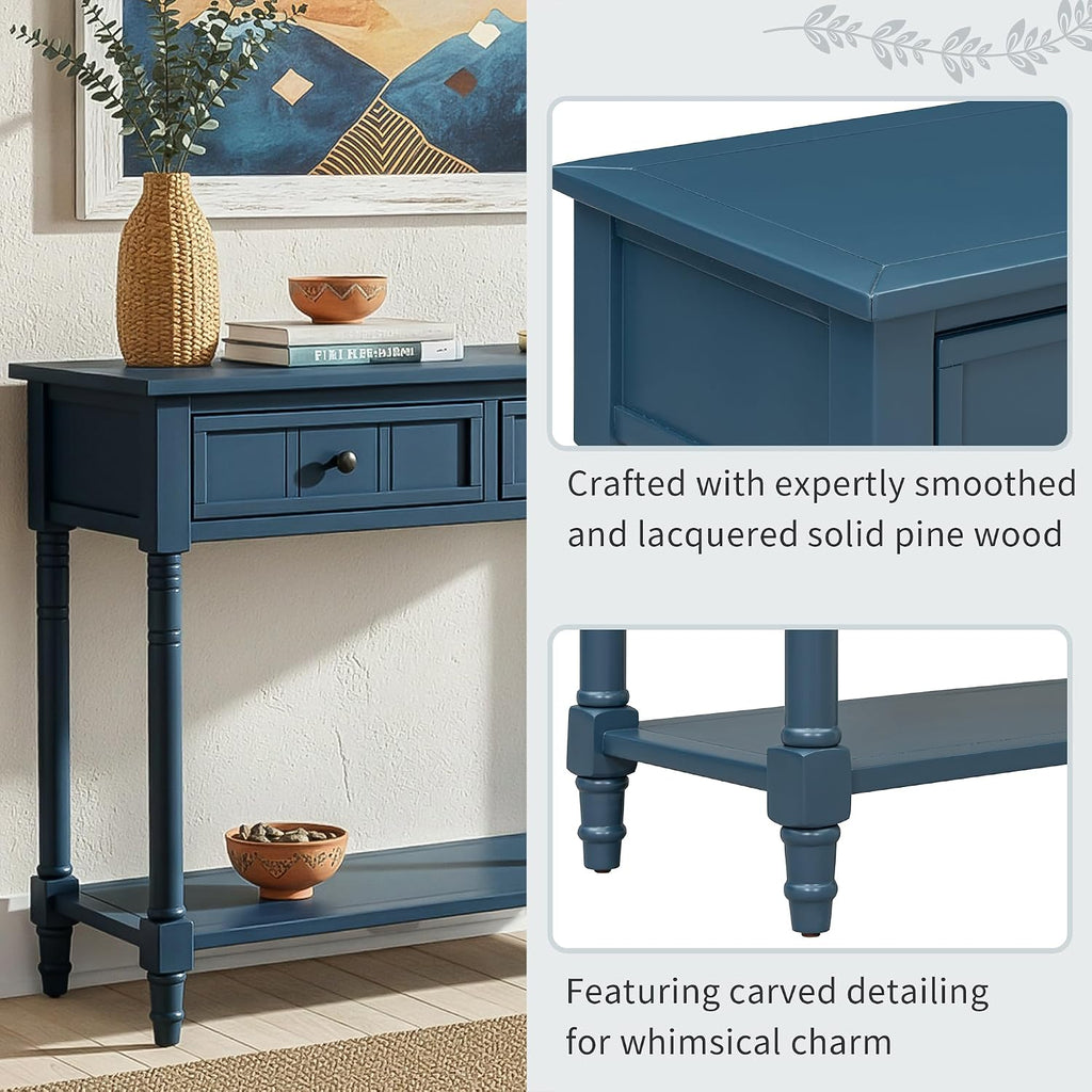 Merax Long Narrow Entryway Console Table with Storage Drawers and Bottom Shelf Dark Navy