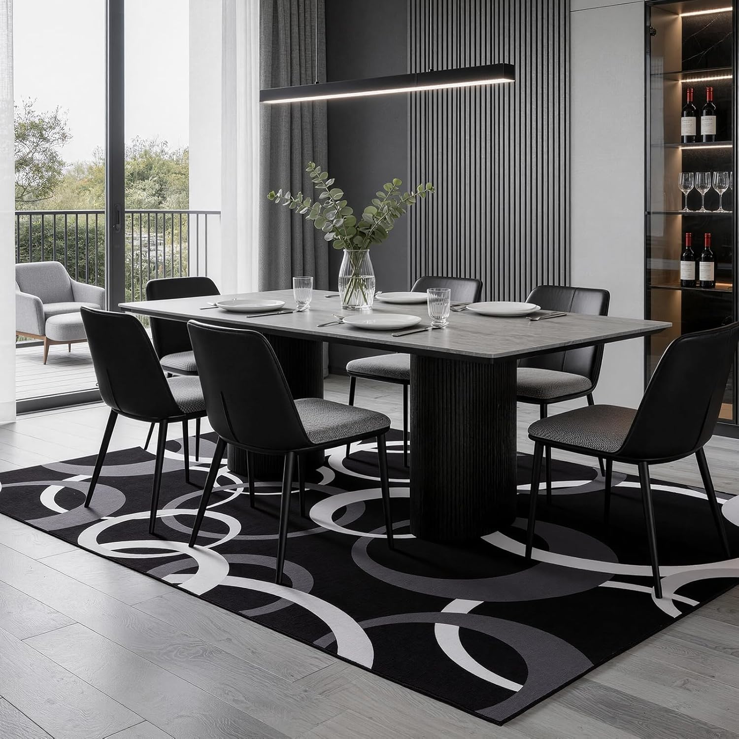 YIHOUSE Washable 5x7 Area Rugs for Living Room, Modern Black and White Rug for Bedroom Non Slip Low Pile, Modern Circle Pattern Carpet for Dining Room Playroom Home Office Decor