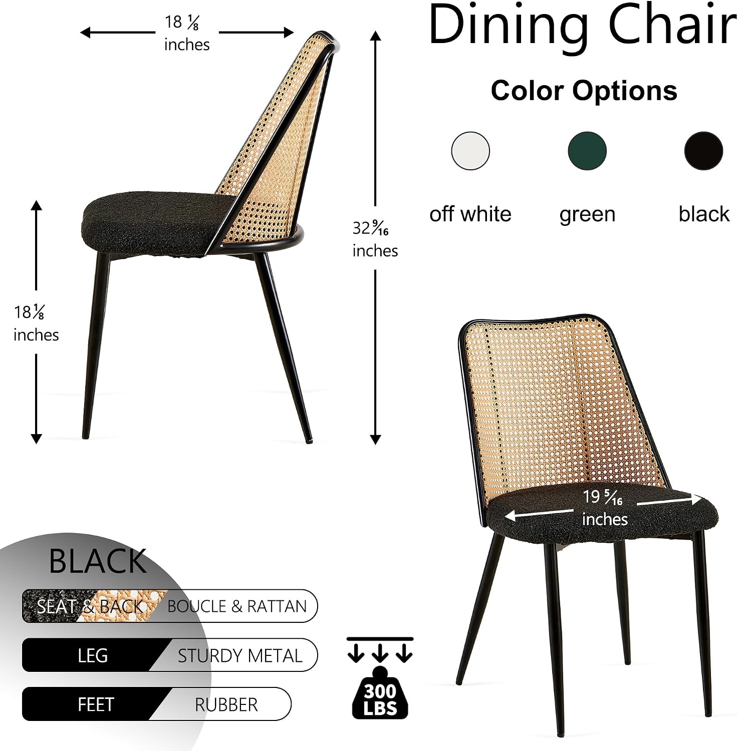 Homedot Modern Rattan Dining Chairs Black Set of 4, Upholstered Dining Room Chairs Boucle Woven Cane Kitchen Dining Accent Chairs for Reception Rooms, Restaurant