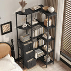 YATINEY Corner Bookshelf, 5-Tier L-Shaped Bookcase with 3 Fabric Drawers, Storage Display Shelf, Freestanding Tall Open Shelf, for Living Room, Bedroom, Home Office, Black SJ12BB