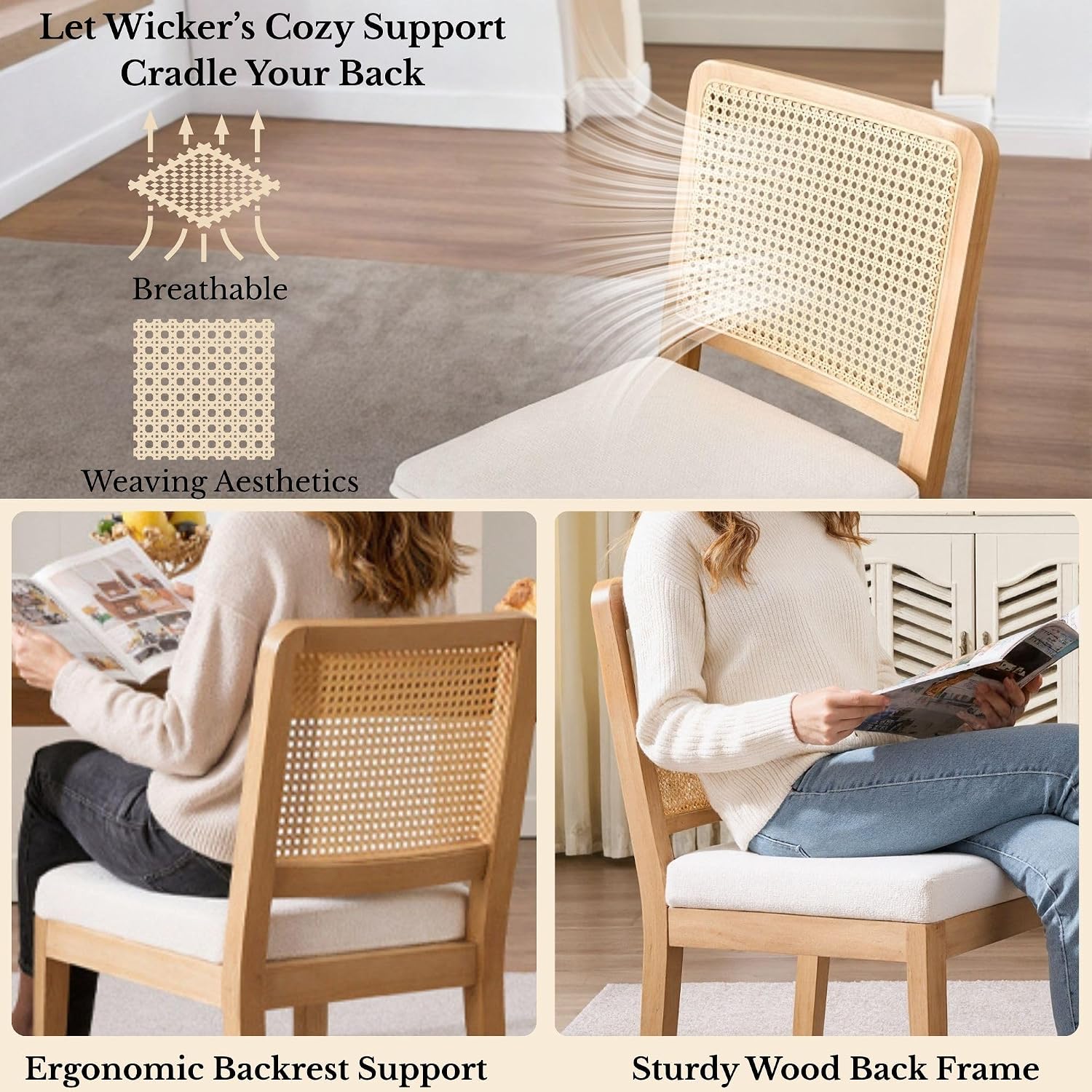 HNY Modern Farmhouse Rattan Dining Chairs Set of 4 Beige Chenille Upholstered Dining Room Chair with Cane Back Mid Century Natural Wood Kitchen Chairs, Boho Accent Wicker Woven Chairs for Living Room