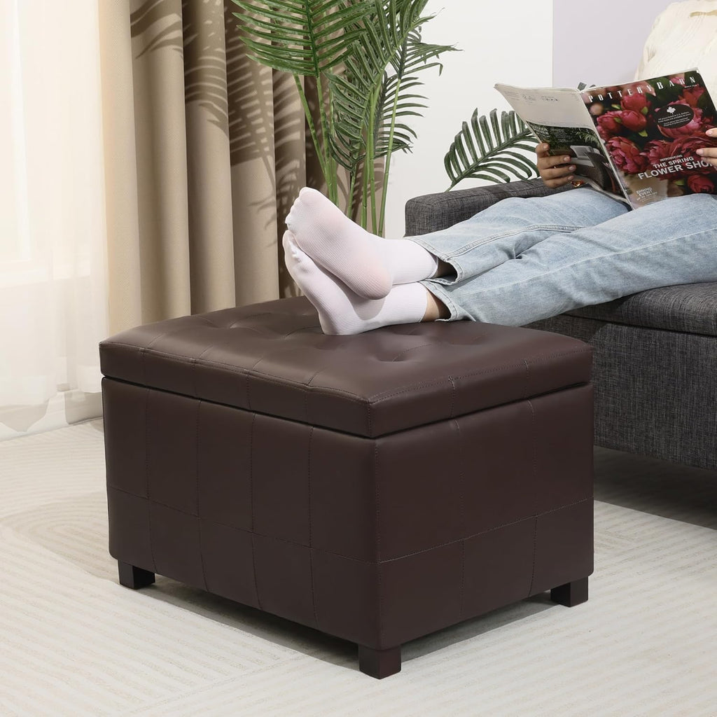 Upholstered Storage Ottoman with Hinged Lid, 23.6-Inch Faux Leather Tufted Cube Ottoman for the Living Room and Bedroom, Coffee Brown