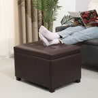 Upholstered Storage Ottoman with Hinged Lid, 23.6-Inch Faux Leather Tufted Cube Ottoman for the Living Room and Bedroom, Coffee Brown