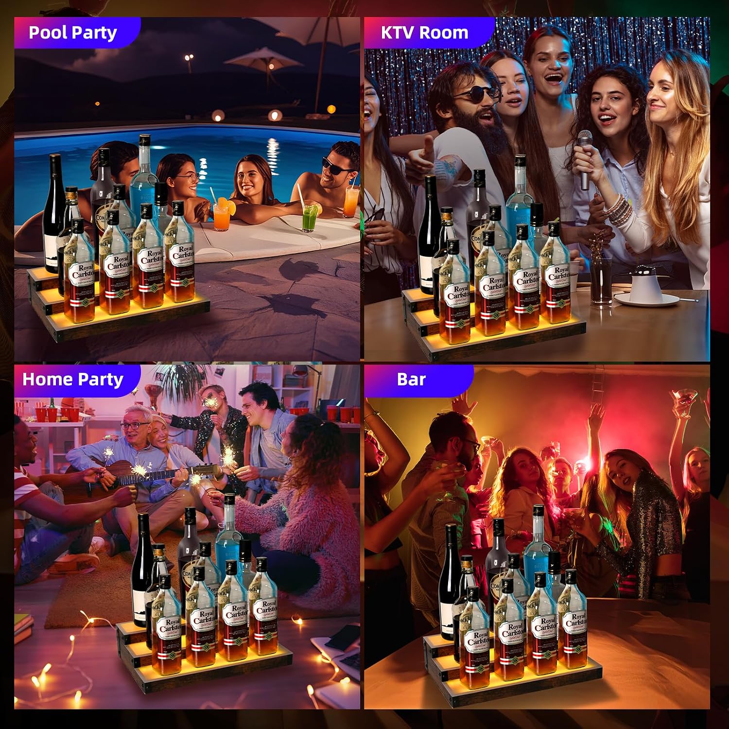 2-Pack 16‘’ LED Lighted Liquor Display, 3-Tier 32Inch Total Bar Shelves for Liquor Bottle, Illuminated Home Bar Shelf with RF & App Control, 7 Colors, Music Sync& 1-4H Timming, Light-Up Whiskey Rack