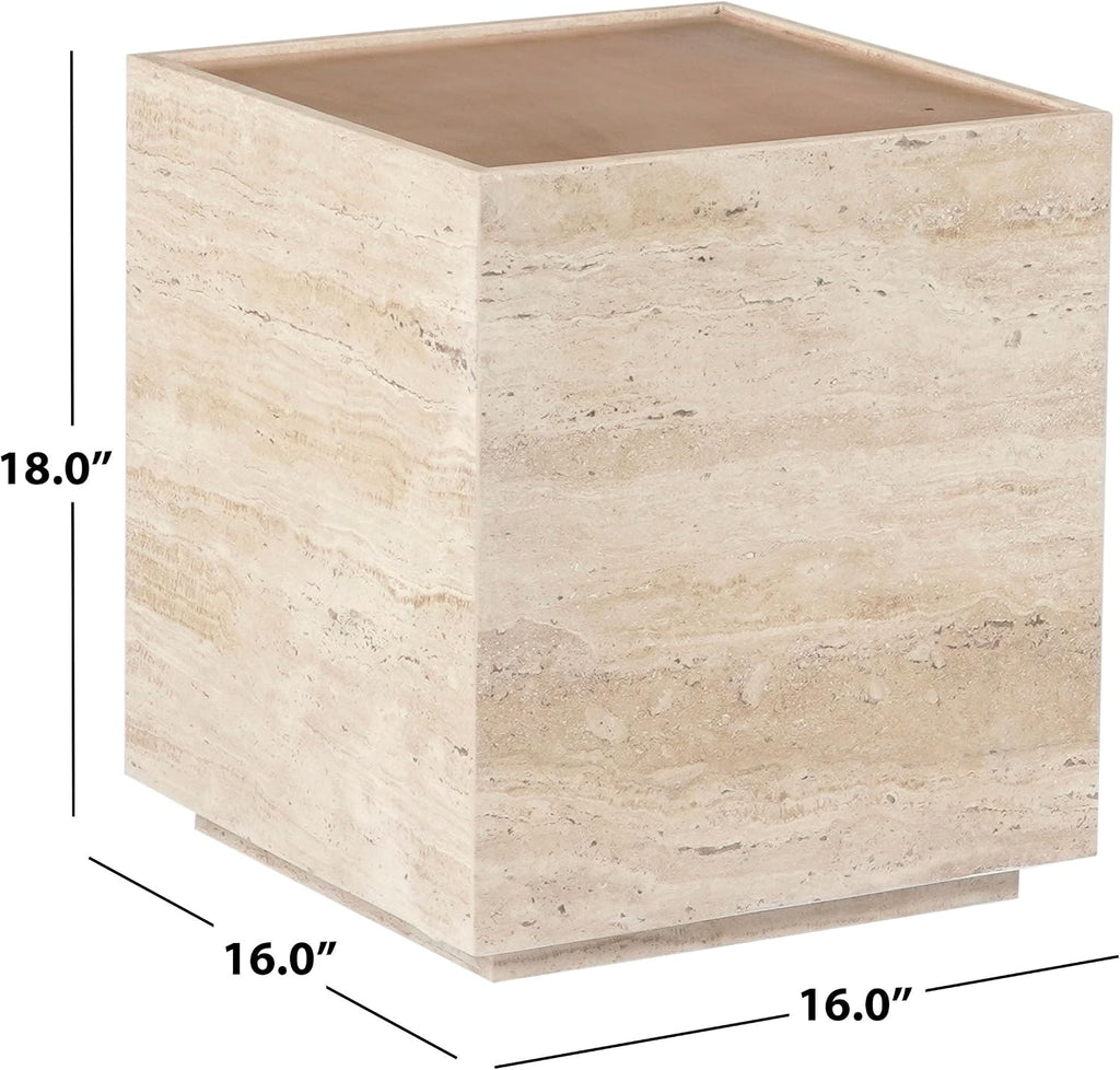 SAFAVIEH Couture - Leslianne Square Accent Table - Natural Solid Wood Top & Travertine - Modern Pillar Design - Fully Assembled for Living Room, Bedroom & Entryway, 16" W x 16" D x 18" H (SFV5779A)