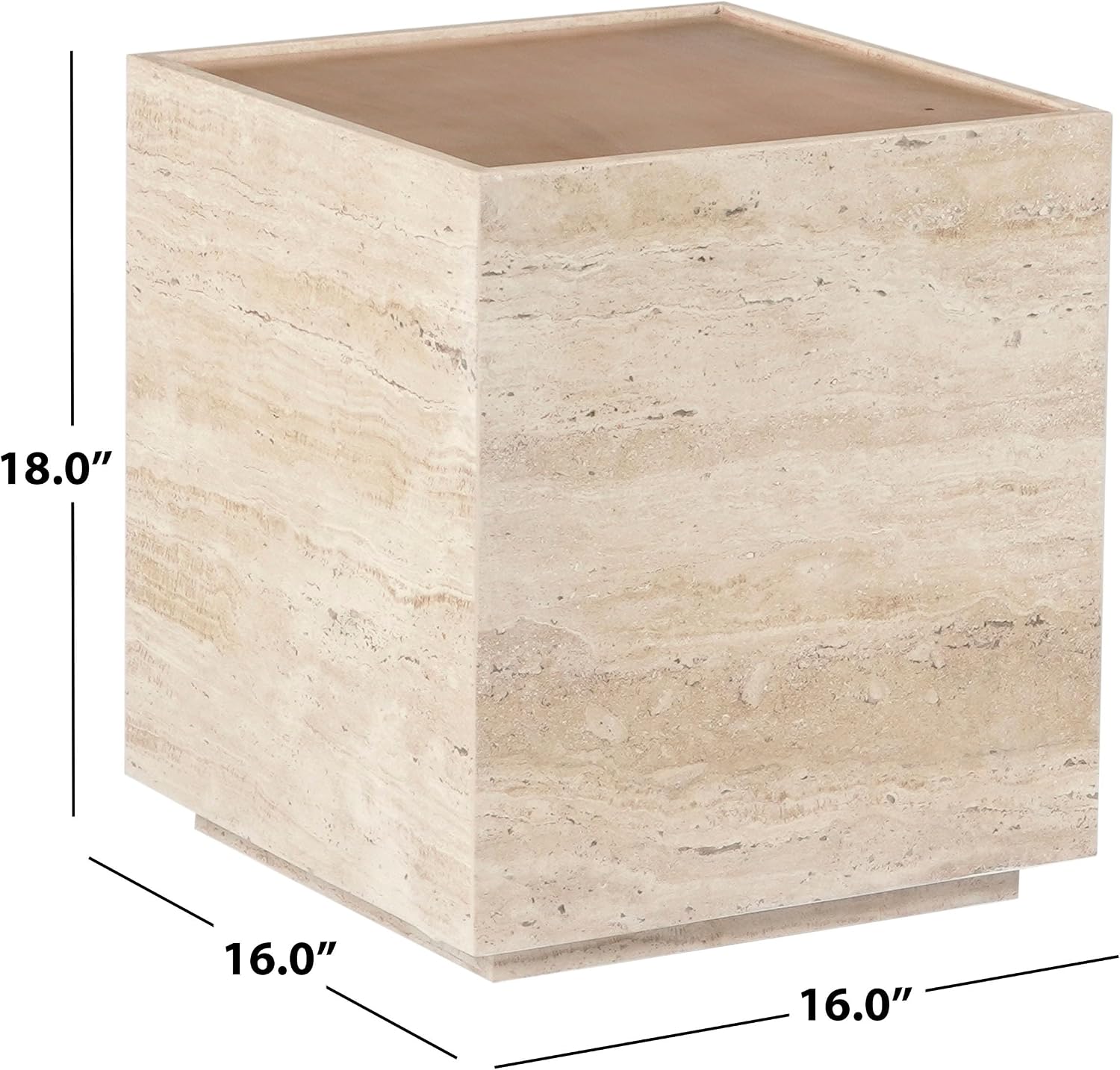 SAFAVIEH Couture - Leslianne Square Accent Table - Natural Solid Wood Top & Travertine - Modern Pillar Design - Fully Assembled for Living Room, Bedroom & Entryway, 16" W x 16" D x 18" H (SFV5779A)