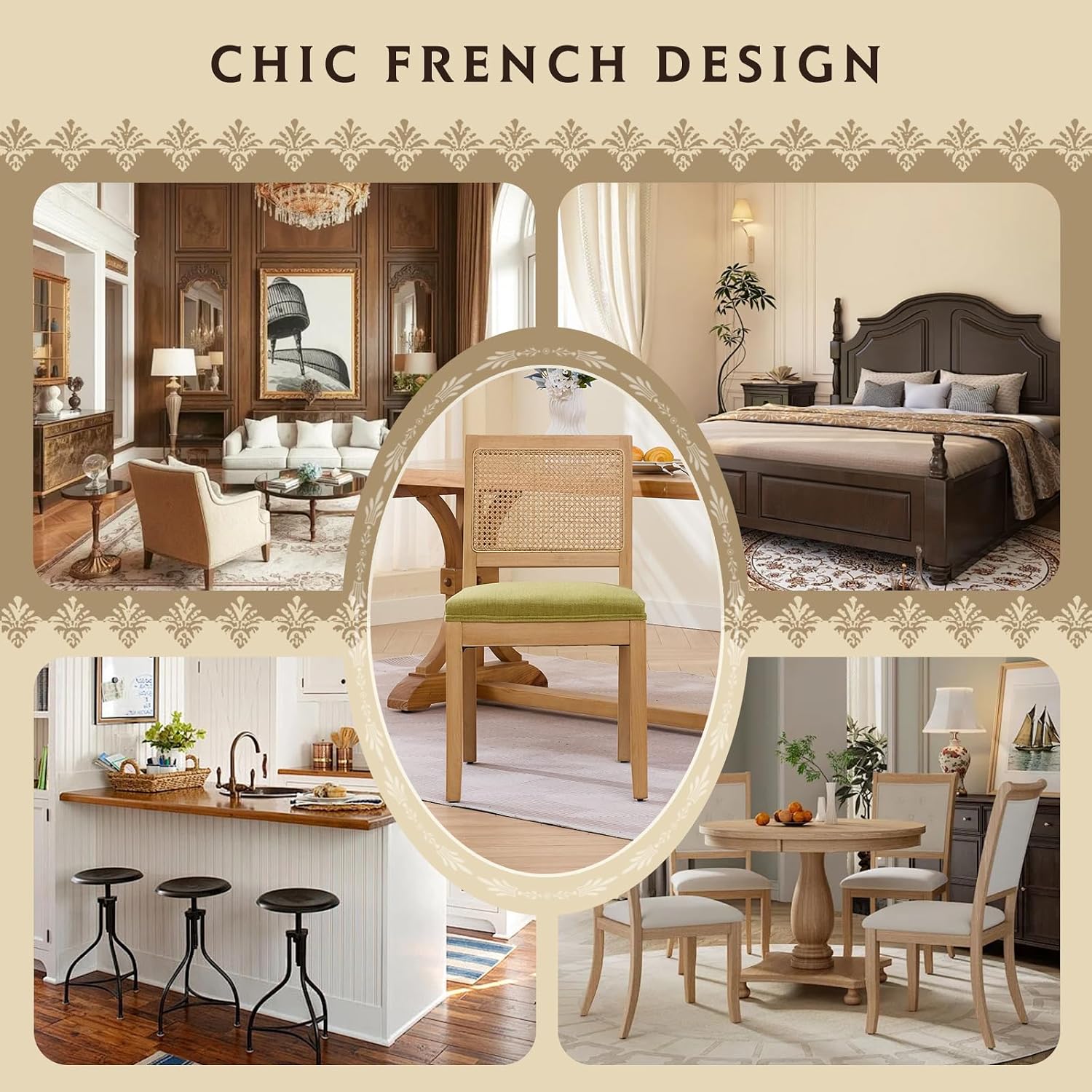 SoarFlash Kitchen French Dining Chairs Set of 4, Vintage Dining Chairs with Rattan Backrest, Wooden Framehouse Chairs for Living Room, Restaurant, Green