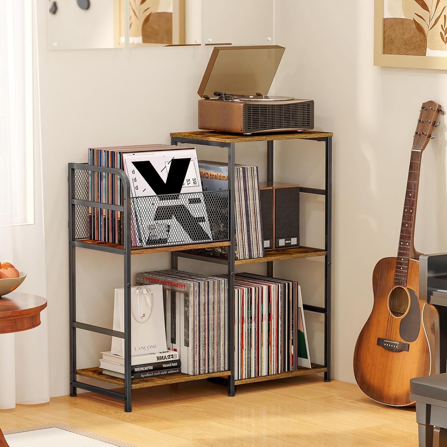 ThreeHio Record Player Stand, Turntable Stand with Vinyl Storage Holds up to 300+ Albums, Storage Cabinet for Vinyl Records, Record Player Table for Living Room