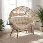 Double Wicker Egg Chair Outdoor Indoor - 2-Person Oversized Loveseat with 8" Thickened Paded Cushion - 700 lbs Weight Capacity Patio Lounge Chair for Balcony Porch Backyard (Beige Radial)