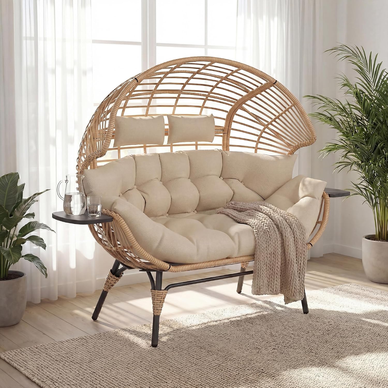Double Wicker Egg Chair Outdoor Indoor - 2-Person Oversized Loveseat with 8" Thickened Paded Cushion - 700 lbs Weight Capacity Patio Lounge Chair for Balcony Porch Backyard (Beige Radial)