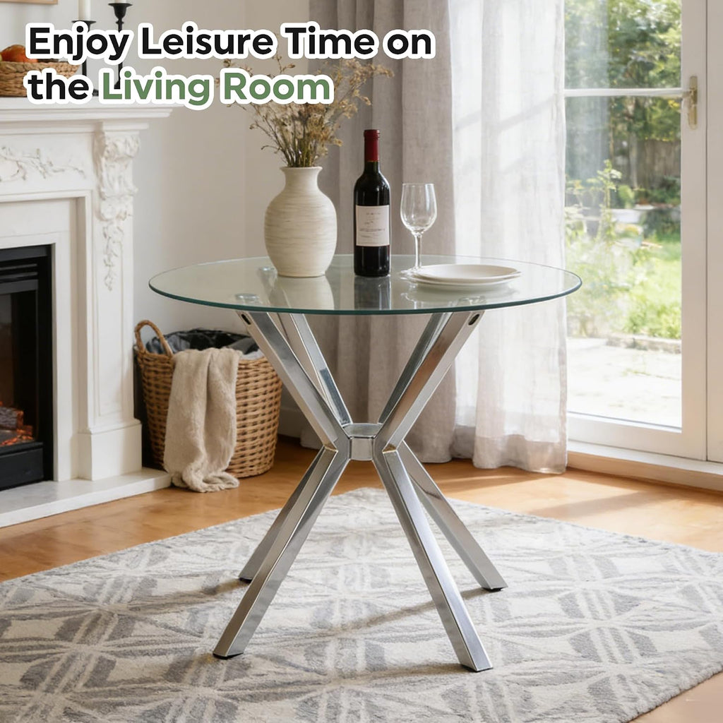 Modern Dining Table, 36 Inch Round Dinner Table for 2-4, Glass Dining Table with Cross Metal Base, Modern Clear Tempered Glass Kitchen Table for Home Dining Room Living Room(Silver Legs)