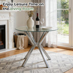 Modern Dining Table, 36 Inch Round Dinner Table for 2-4, Glass Dining Table with Cross Metal Base, Modern Clear Tempered Glass Kitchen Table for Home Dining Room Living Room(Silver Legs)