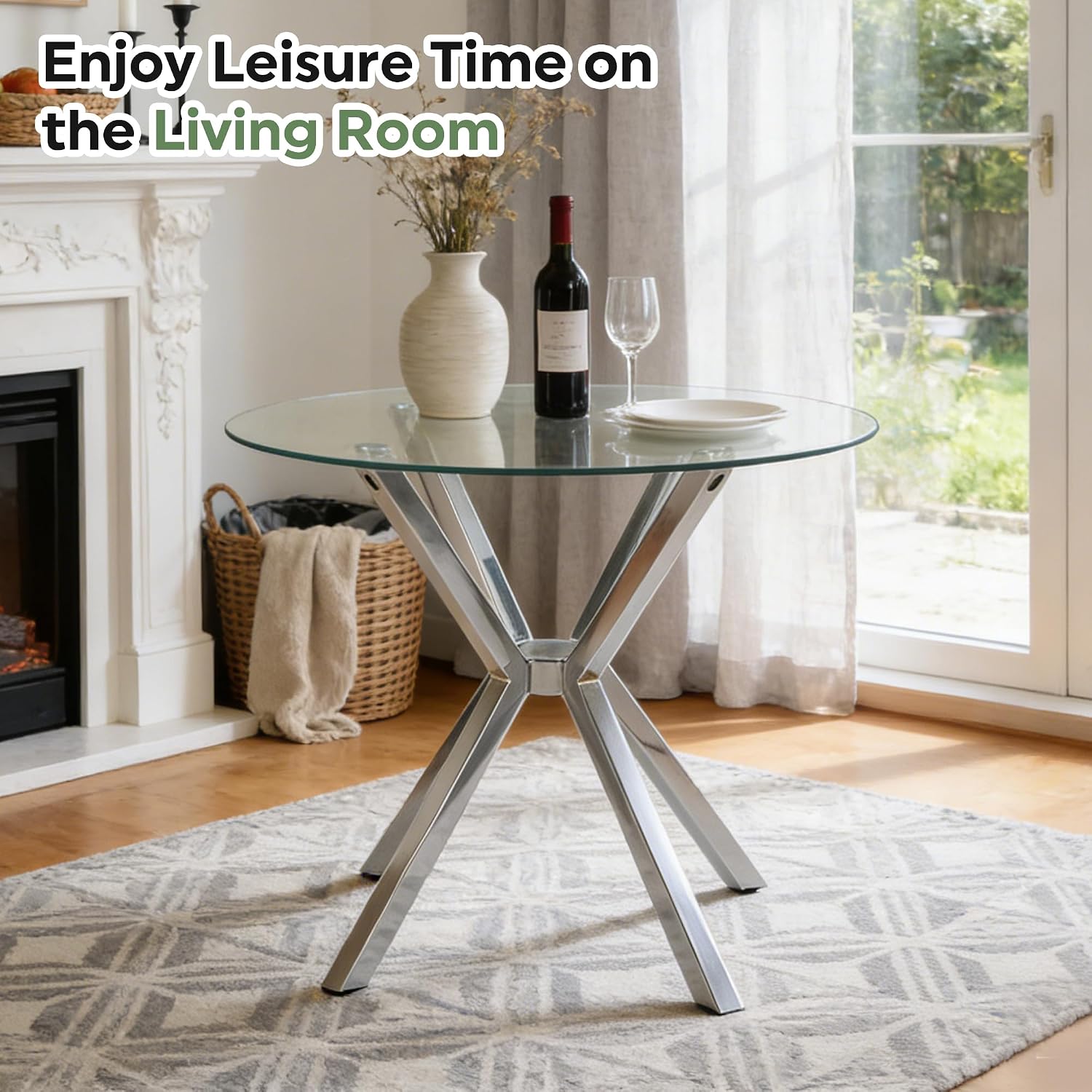 Modern Dining Table, 36 Inch Round Dinner Table for 2-4, Glass Dining Table with Cross Metal Base, Modern Clear Tempered Glass Kitchen Table for Home Dining Room Living Room(Silver Legs)