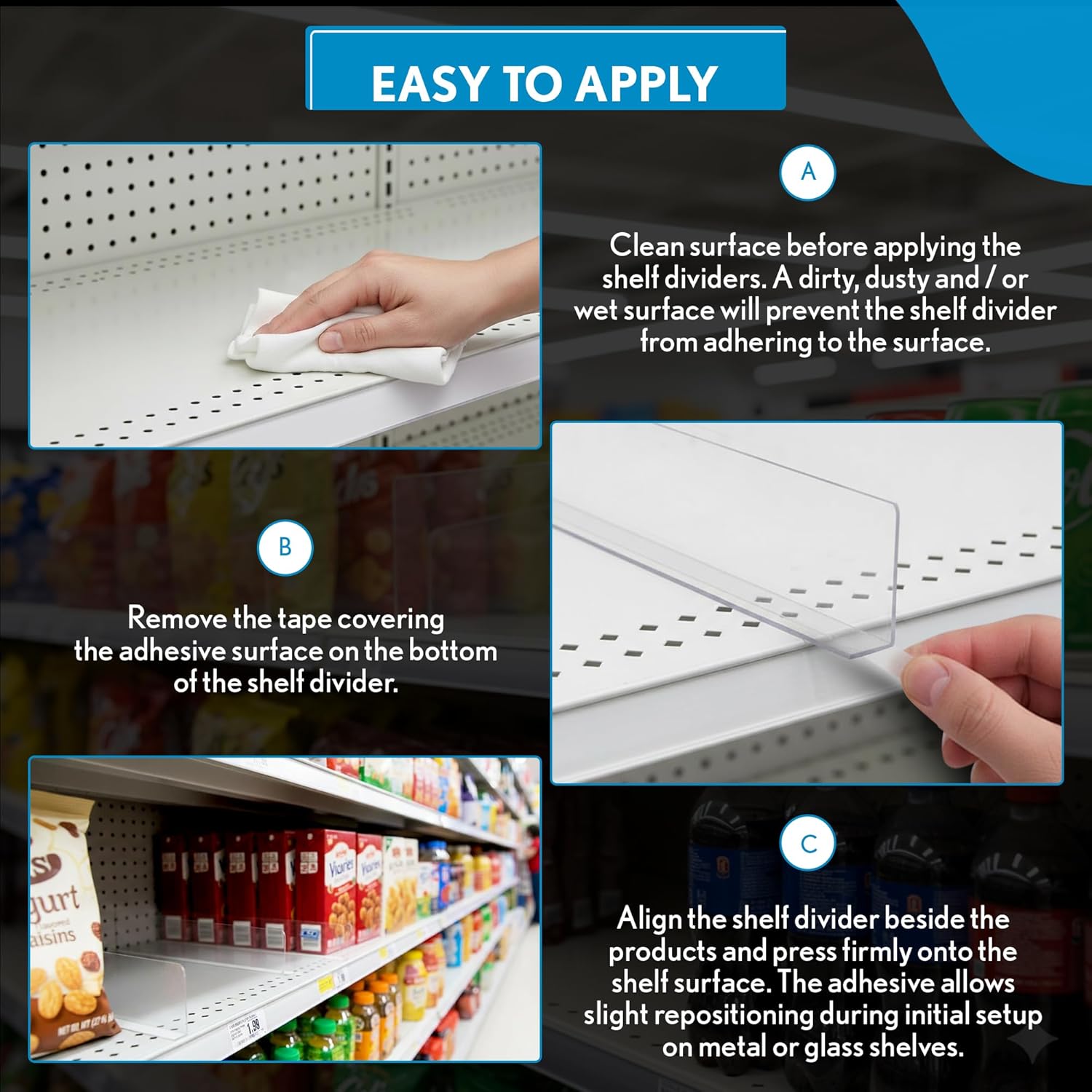 Clip Strip Corp. 50 Pack Shelf Dividers for Retail Stores, 1" H x 9-9/16" L, 15 mil Crystal Clear PVC Adhesive Mount Retail Shelf Separator, SD-1510
