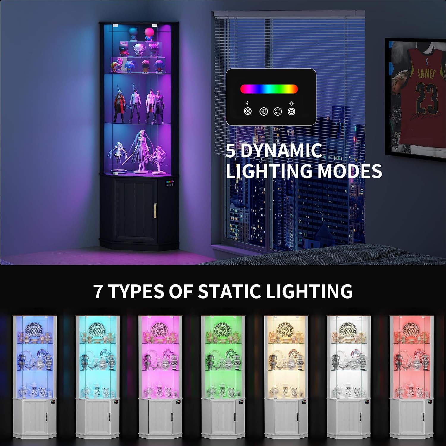 69" Corner Glass Display Cabinet with Human Body Sensor,3-Tier Movable Glass Shelves,Curio Display with RGB Lights,Bookcase with Storage Cabinet for Toys,Books,Collectibles,Liquor,Black