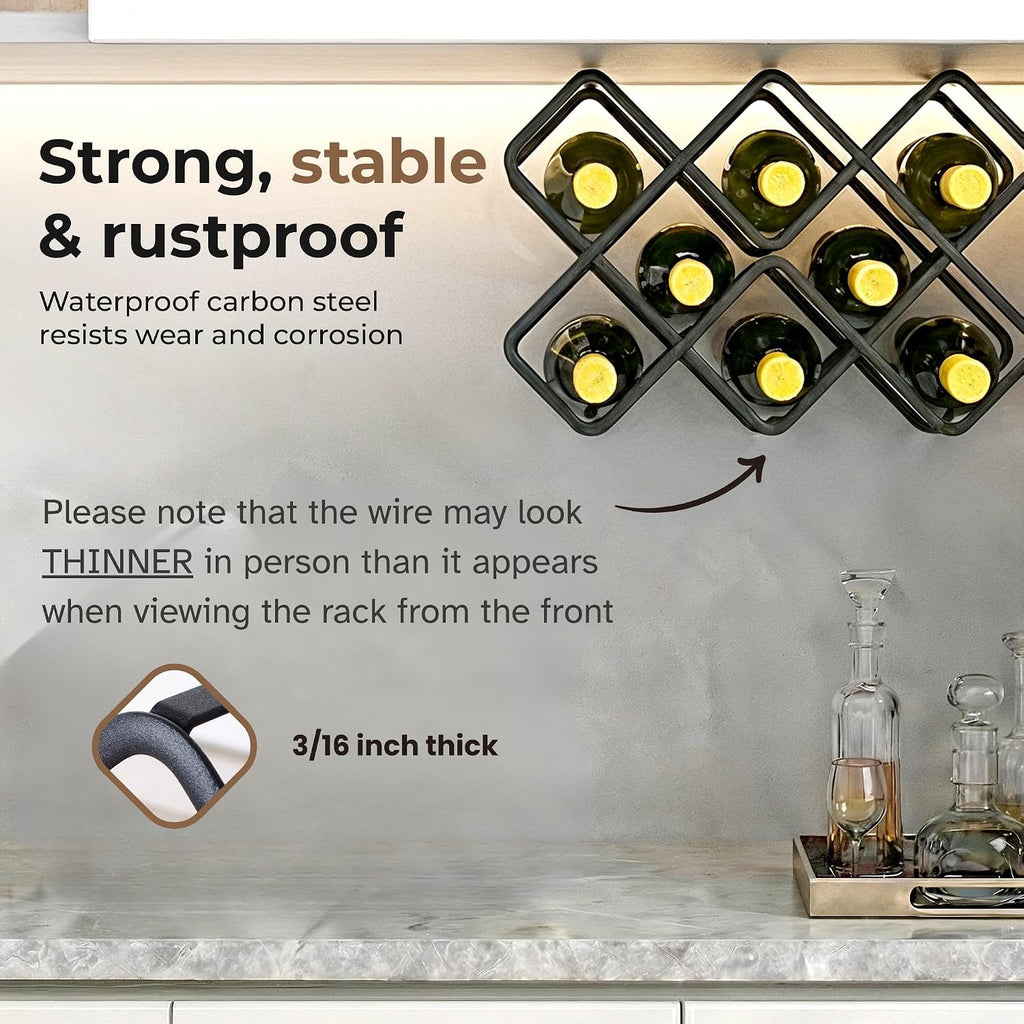 Metal Wine Rack – Matte Black Carbon Steel, 10-Bottle Countertop & Hangable Wine Holder, Modern Geometric Design, Rustproof, Under-Cabinet Display, No Assembly Needed for Countertop Use