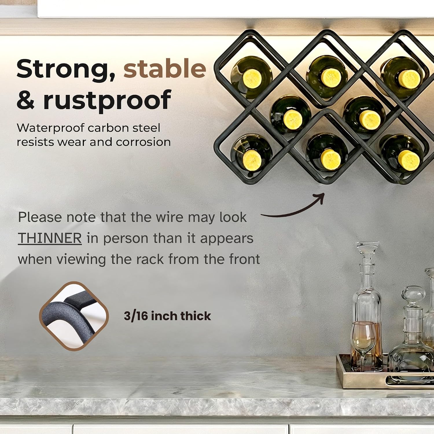 Metal Wine Rack – Matte Black Carbon Steel, 10-Bottle Countertop & Hangable Wine Holder, Modern Geometric Design, Rustproof, Under-Cabinet Display, No Assembly Needed for Countertop Use