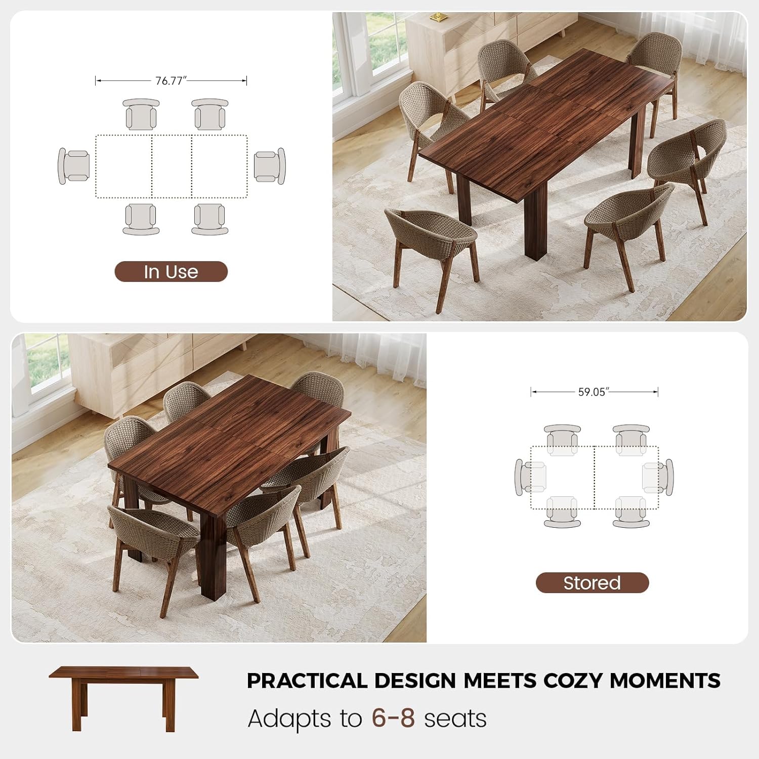 Miereirl 59"–77" Extendable Farmhouse Dining Table for 6–8, Space-Saving Rectangular Kitchen Table with Easy Pull-Out Extension for Family Meals, Work & Everyday Use (Walnut)