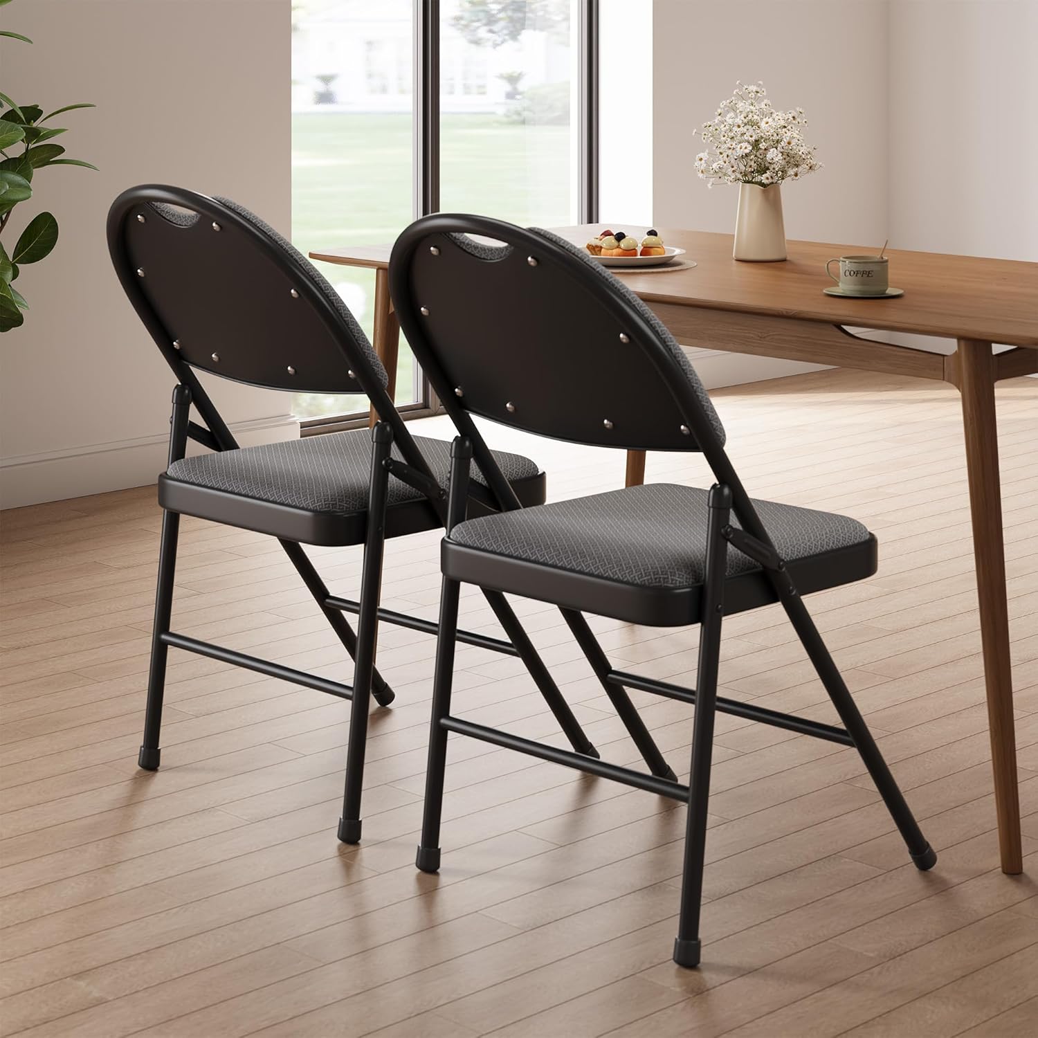 4 Pack Padded Folding Chairs for Home & Events Linen Cushion Seat & Backrest Sturdy Metal Frame Stackable Lightweight Comfortable No Assembly for Indoor Outdoor- Dark Grey
