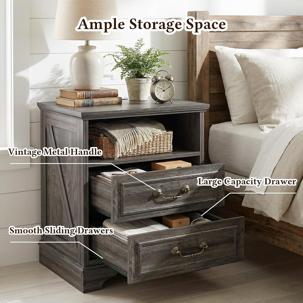 Farmhouse End Table Set of 2, Rustic Wood Nightstand with Charging Station, 2 Large Drawers & Open Storage, Bedside Table with USB-C Ports for Living Room Bedroom (Gray Oak)