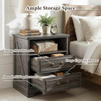 Farmhouse End Table with Charging Station, Rustic Wood Nightstand with 2 Large Drawers & Open Storage, Bedside Table with USB-C Ports for Living Room Bedroom (Gray Oak)